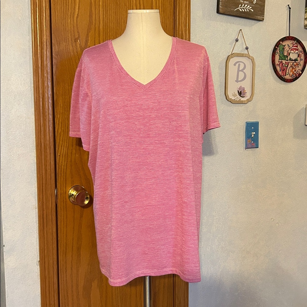 Athletic Works Pink Striped V-Neck Tee - Size XXL (22)